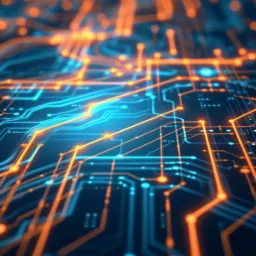 Abstrakcyjna wizualizacja płyty głównej z pomarańczowo-niebieskimi ścieżkami, ukazująca zaawansowaną technologię i precyzję projektowania obwodów.