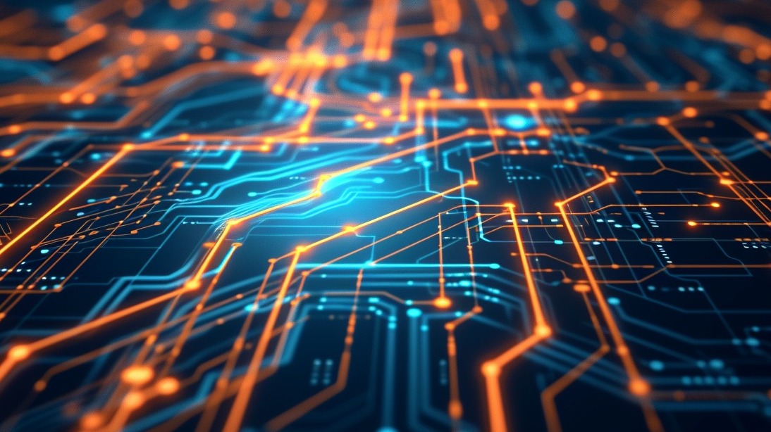 Abstrakcyjna wizualizacja płyty głównej z pomarańczowo-niebieskimi ścieżkami, ukazująca zaawansowaną technologię i precyzję projektowania obwodów.