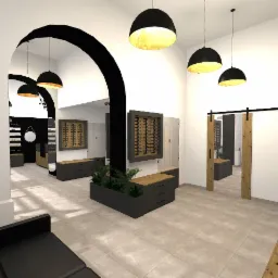 Wizualizacja wnętrza salonu optycznego w stylu loftowym z czarnymi lampami kopułowymi, ekspozytorami okularów w szarych ramach i roślinami w czarnej donicy, widok przez czarny łuk.