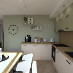 Jasna kuchnia z drewnianym blatem, minimalistycznymi szafkami bez uchwyt&oacute;w i okrągłym zegarem na ścianie w kolorze pistacjowym, widok z jadalni z drewnianym stołem i białymi krzesłami.