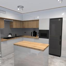 Duża jasna kuchnia z dodatkiem drewna - Projekt mieszkania w stylu skandynawskim.