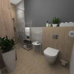Nowoczesna łazienka z drewnopodobnymi płytkami, wiszącą toaletą, drabinką na ręczniki i zielonymi roślinami w doniczkach. Szklana kabina prysznicowa oddzielona od reszty pomieszczenia.