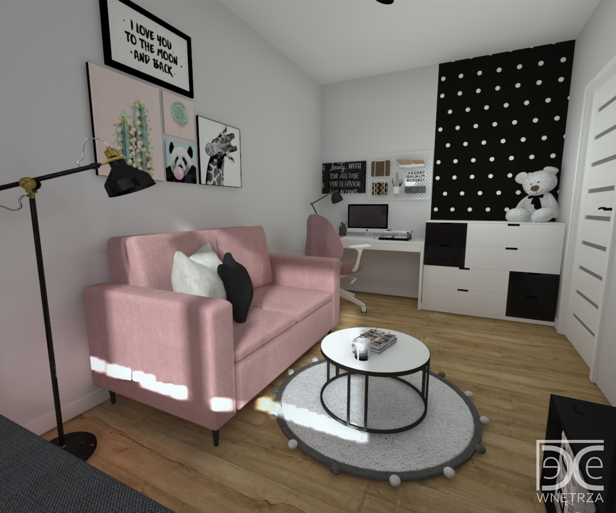 Wizualizacja pokoju dziecięcego z różową sofą, biurkiem, komodą z misiem i dekoracjami ściennymi z motywami zwierzęcymi i roślinnymi, oświetlonego lampą podłogową.