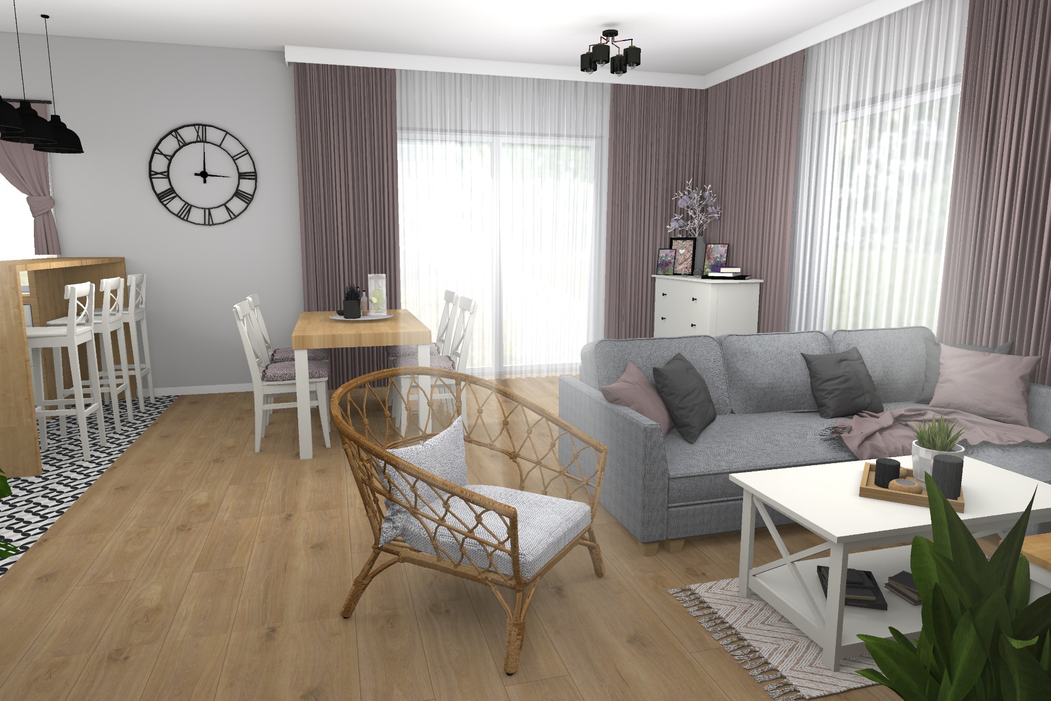 Wizualizacja wnętrza salonu z jadalnią, szara sofa z poduszkami, rattanowy fotel, drewniany stół z białymi krzesłami, zegar na ścianie, brązowe zasłony i białe firany.