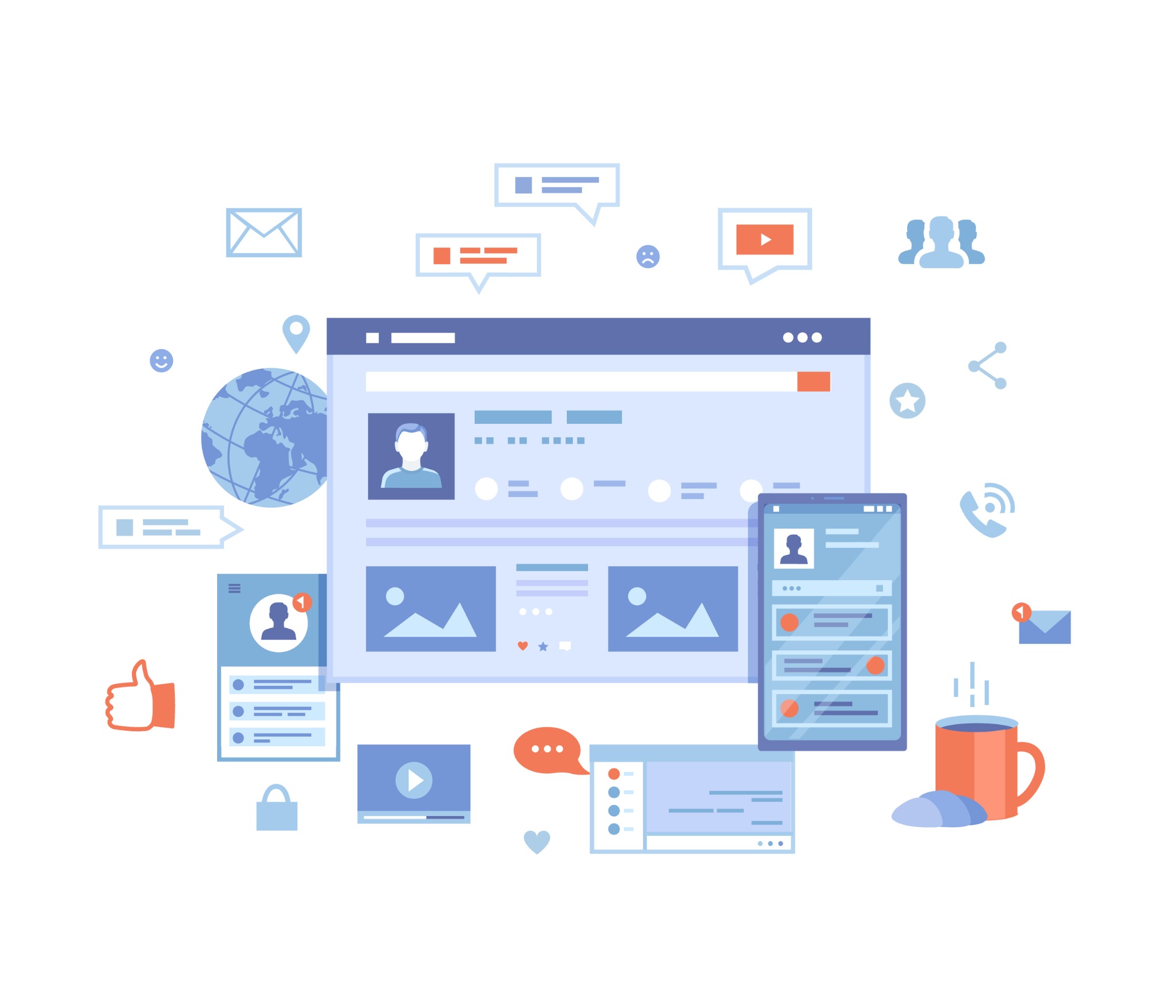 Ilustracja prezentująca elementy interfejsu użytkownika aplikacji mobilnej i strony internetowej, w pastelowych kolorach, z ikonami powiadomień, polubień, udostępniania i komunikacji.