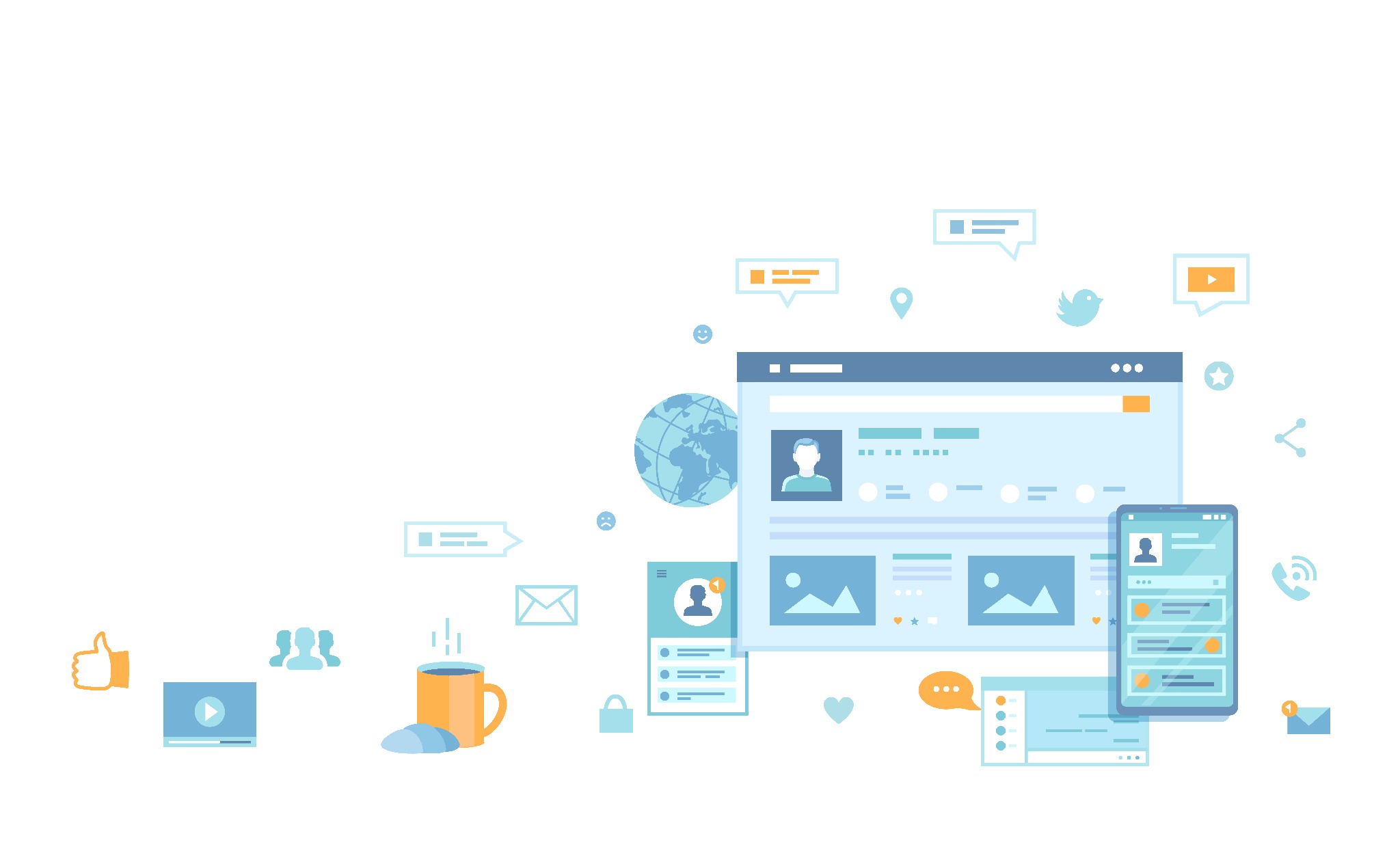 Ilustracja przedstawiająca elementy interfejsu użytkownika strony internetowej i aplikacji mobilnej, w tym profil użytkownika, posty, wiadomości, ikony udostępniania i komunikacji, stylizowane...