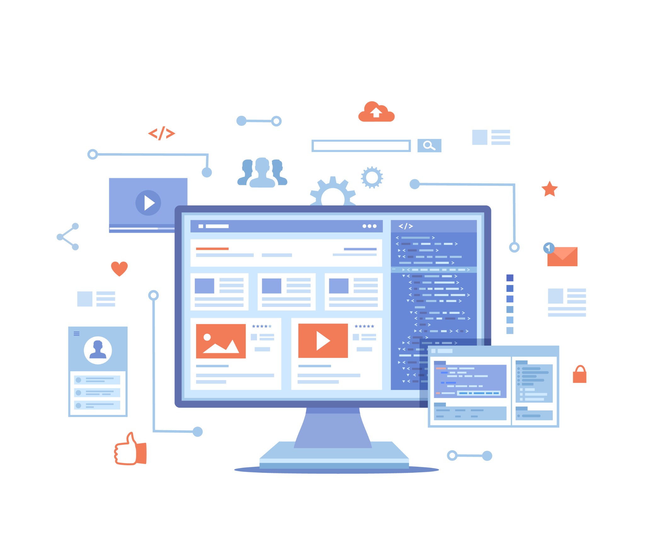 Ilustracja przedstawiająca monitor z elementami interfejsu użytkownika, ikonami i kodem, sugerująca proces tworzenia lub zarządzania witryną internetową.