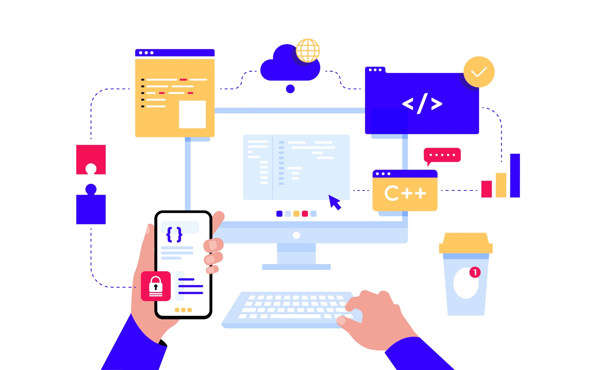Ilustracja przedstawia proces tworzenia oprogramowania z elementami kodu na ekranie komputera i smartfona, symbolami chmury, puzzli i filiżanki kawy, sugerująca pracę nad zabezpieczeniami aplikacji...