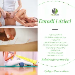 Kolaż zdjęć: masaż brzucha pacjentki, akupunktura na ramieniu, ćwiczenia z gumą oporową na macie, logo i informacje o usługach dla dorosłych i dzieci.