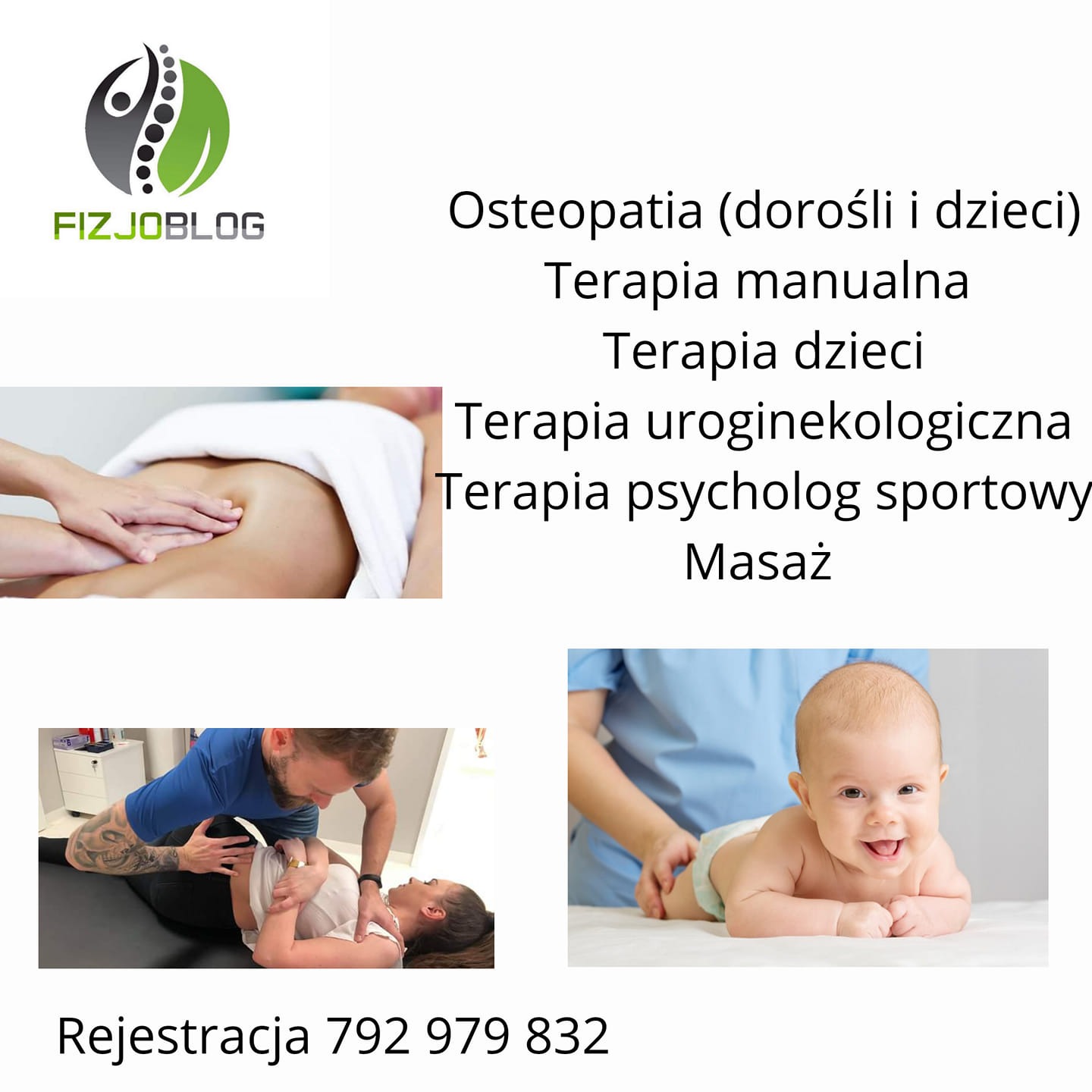 Kolaż zdjęć przedstawiających różne formy terapii: dłoń na brzuchu pacjenta, terapeuta wykonujący manipulacje na pacjentce leżącej na stole oraz niemowlę podczas terapii, uzupełniony o logo i listę...