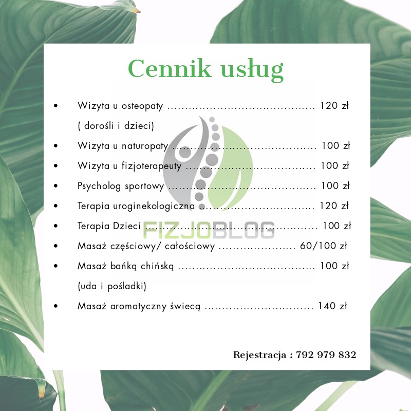 Cennik usług fizjoterapeutycznych i osteopatycznych, zawierający ceny wizyt u osteopaty, naturopaty, fizjoterapeuty, psychologa sportowego, terapii uroginekologicznej, terapii dzieci, masażu...