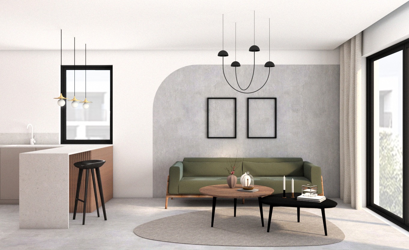 Projekt salonu wraz z aneksem kuchennym - mieszkanie w bloku we Wrocławiu