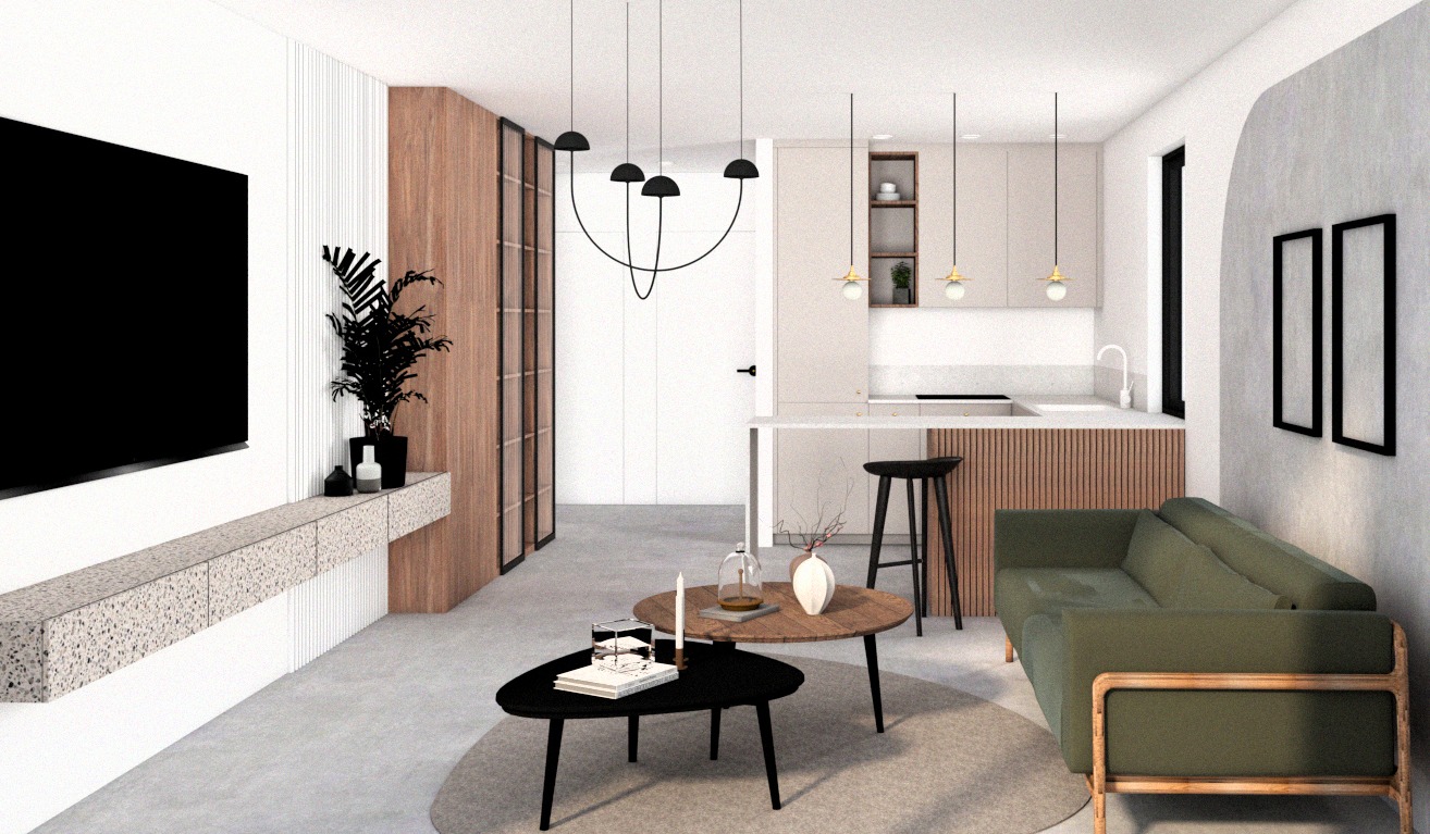 Wizualizacja nowoczesnego salonu z aneksem kuchennym w bloku: minimalistyczny wystrój, zielona sofa, drewniane akcenty i designerskie lampy.