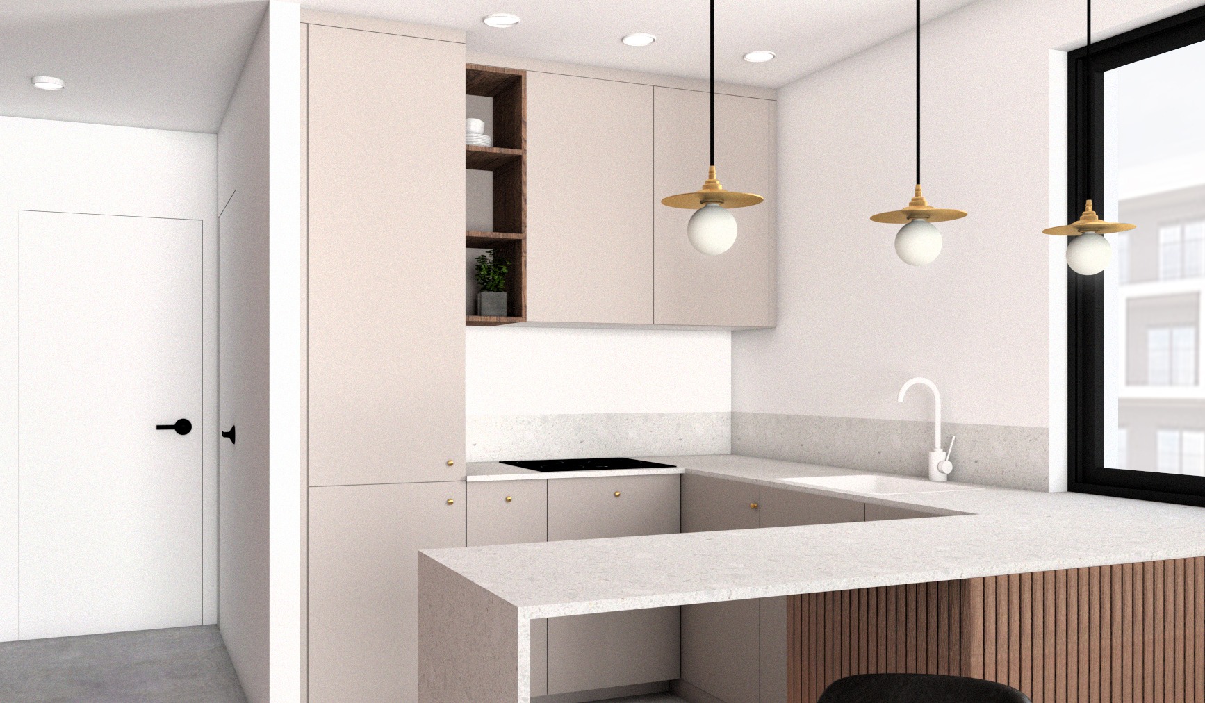 Wizualizacja projektu aneksu kuchennego w jasnych barwach z wyspą, oświetleniem punktowym i drewnianymi akcentami, widok na blok przez okno.