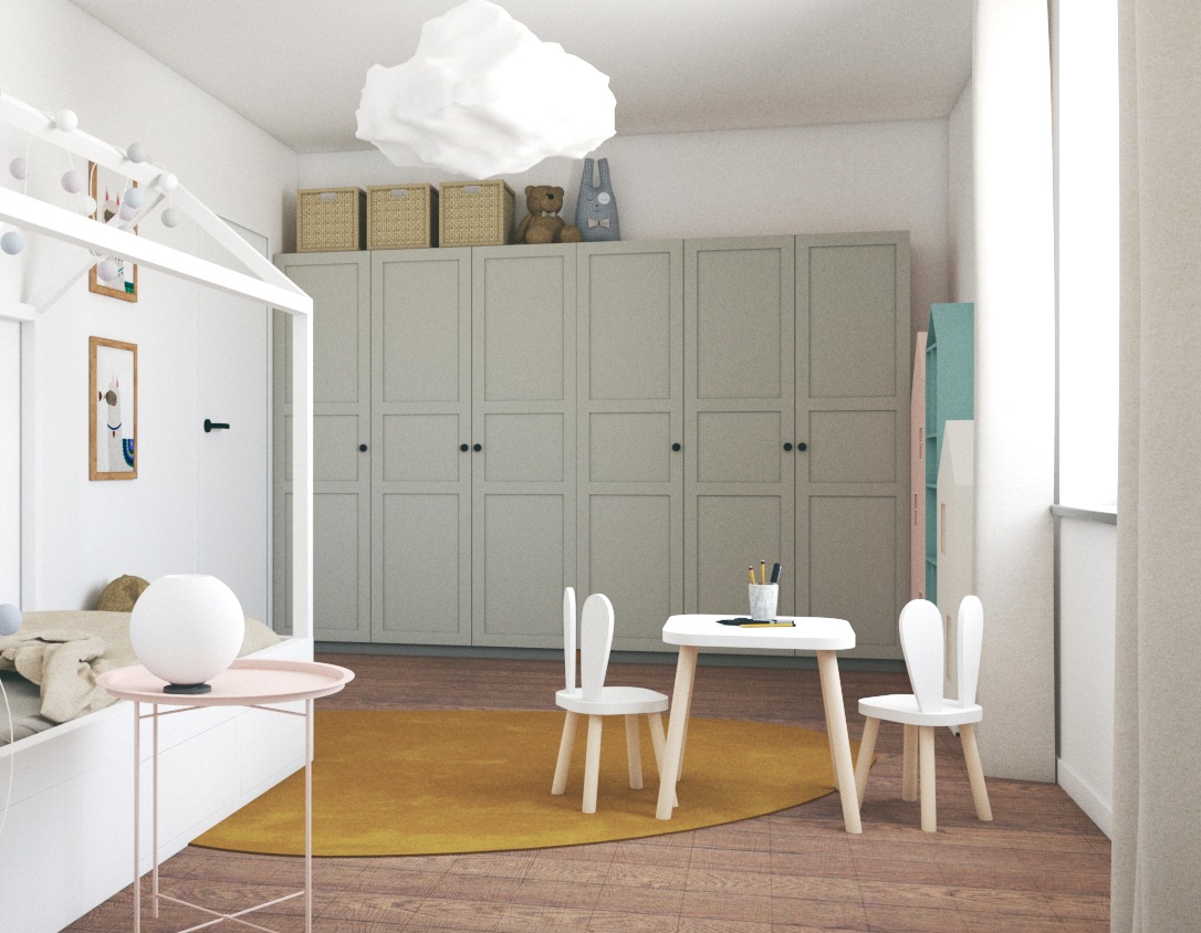 Jasny pokój dziecięcy z łóżkiem w kształcie domku, dużą szafą w zabudowie, okrągłym dywanem i stolikiem z krzesełkami w kształcie króliczków, oświetlony lampą w kształcie chmury.