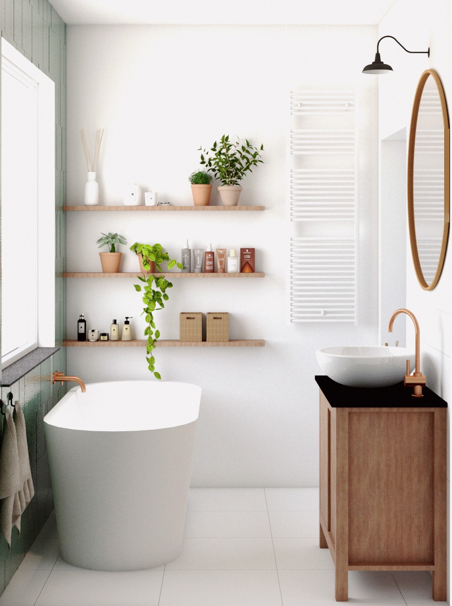Jasna łazienka w minimalistycznym stylu z wolnostojącą wanną, umywalką nablatową na drewnianej szafce z czarnym blatem oraz półkami z roślinami i akcesoriami.