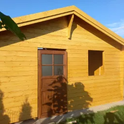 Drewniana konstrukcja altany z brązowymi drzwiami z szybą i oknem bez szyby, widoczna z zewnątrz w słoneczny dzień, z zielonymi liśćmi w lewym górnym rogu i cieniem drzewa na ścianie.