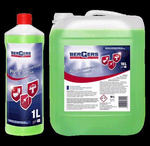 Dwa pojemniki z płynem do gruntownego czyszczenia firmy Bergers, jeden litrowy z czerwoną nakrętką i drugi dziesięciolitrowy, oba w odcieniach zieleni, na białym tle.