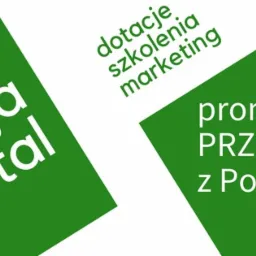 Grafika z zielonymi blokami i białym tekstem: 'fundacja i portal', 'dotacje szkolenia marketing', 'promujemy nowe PRZEdsięwzięcia z Podkarpacia'.