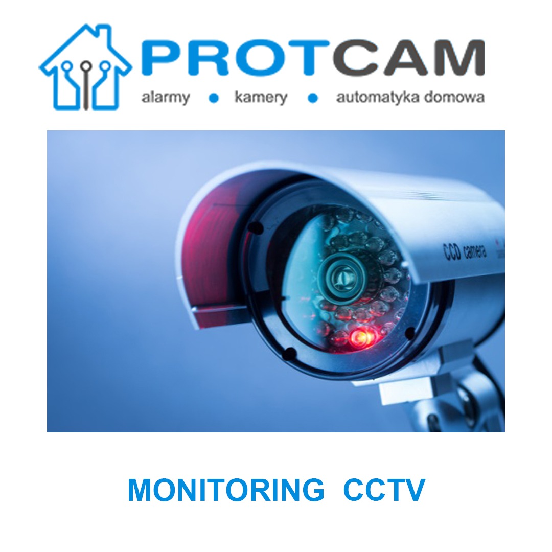 Szczegółowe zbliżenie kamery CCTV z widocznymi diodami podczerwieni, na rozmytym niebieskim tle, z logo firmy PROTCAM w górnej części obrazu.