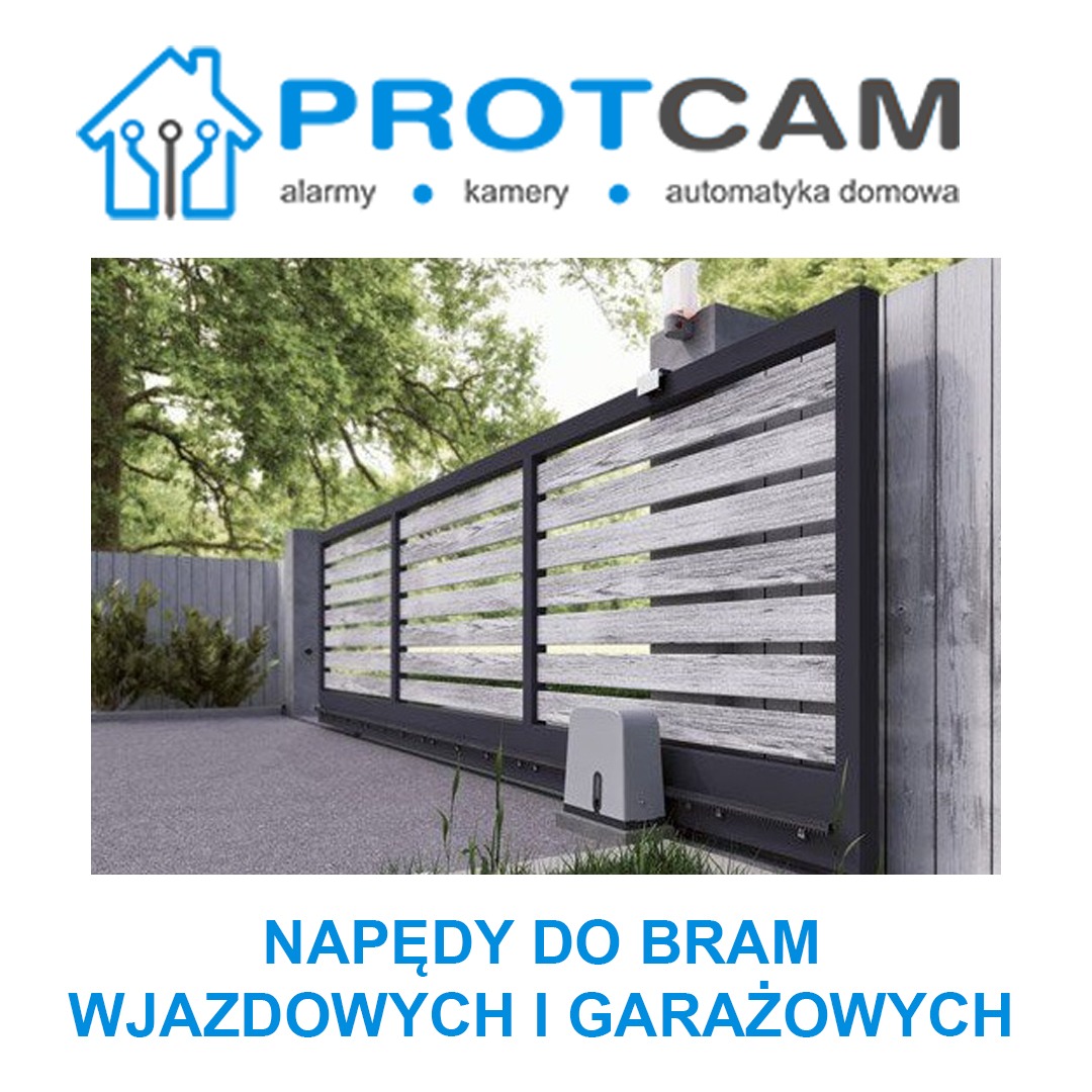 Przesuwna brama wjazdowa z szarymi, poziomymi panelami i napędem elektrycznym, widok z zewnątrz, w tle zieleń.