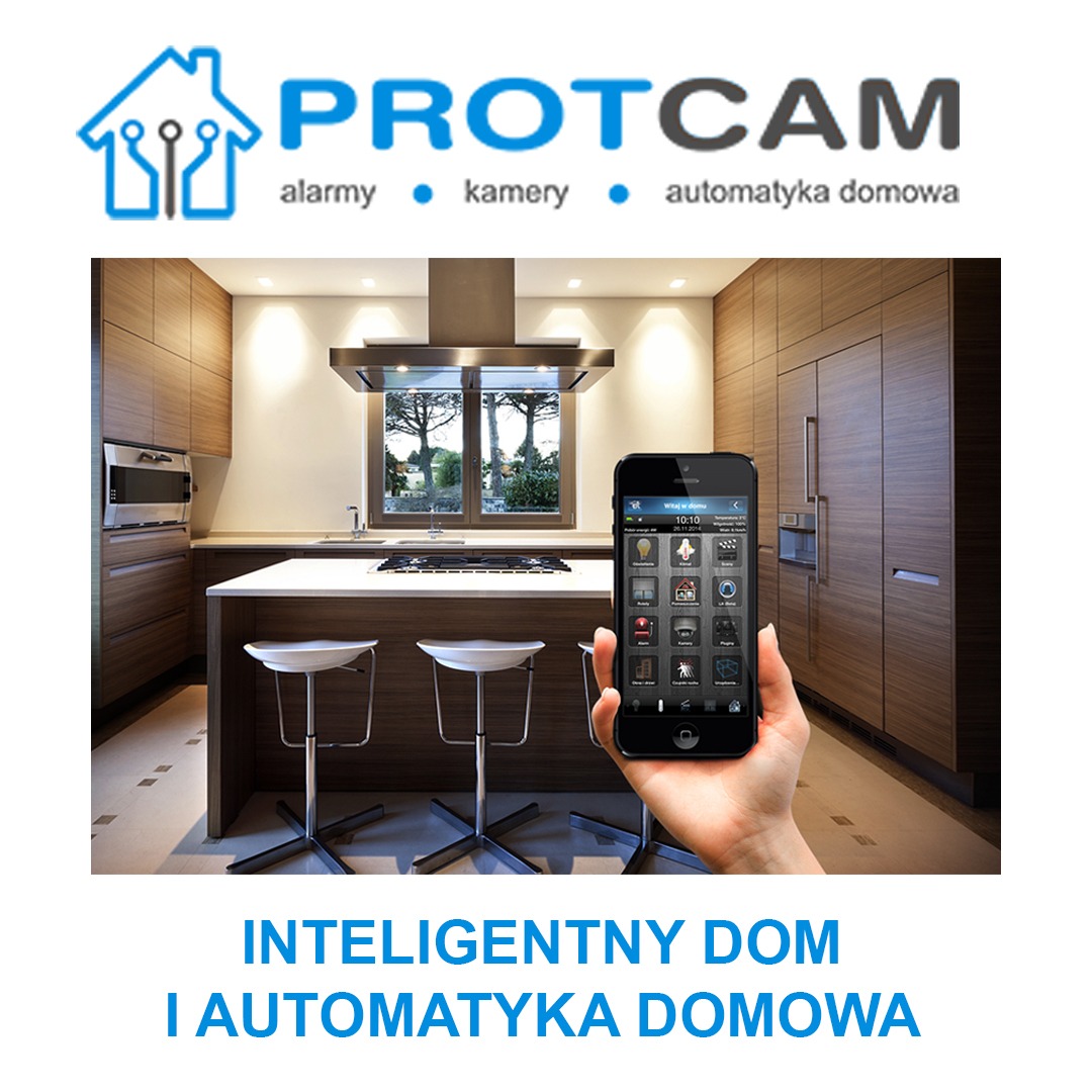 Kuchnia z wyspą, sterowana smartfonem z aplikacją do zarządzania domem, logo firmy PROTCAM na górze zdjęcia.