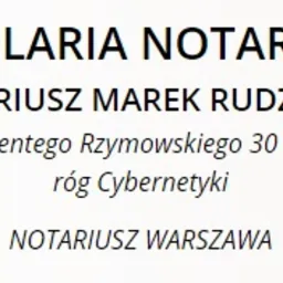 Tabliczka informacyjna: Kancelaria Notarialna Notariusz Marek Rudziński, adres ul. Wincentego Rzymowskiego 30 lok. 207, róg Cybernetyki, Notariusz Warszawa.