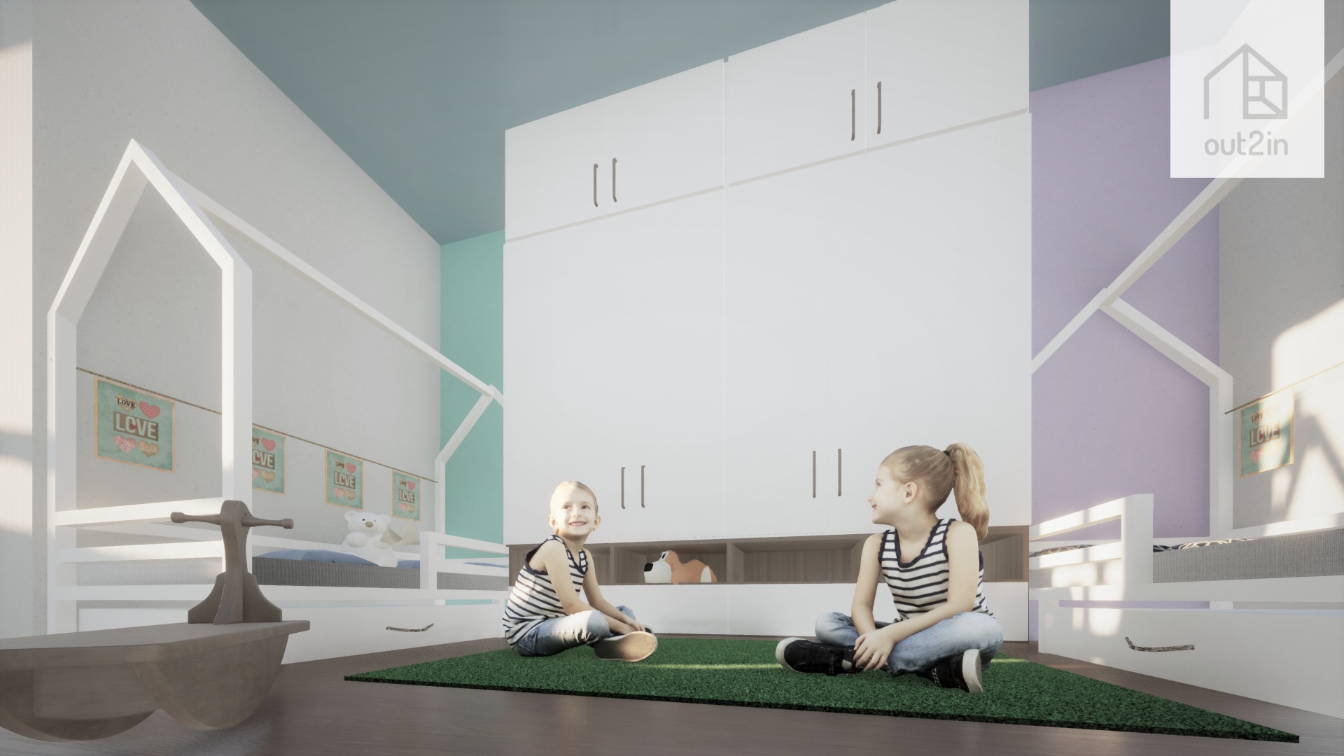 Wizualizacja pokoju dziecięcego z dwoma łóżkami w kształcie domków, dużymi białymi szafami i dwiema dziewczynkami siedzącymi na zielonym dywanie.