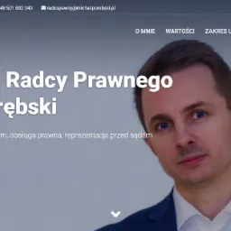 Strona internetowa Kancelarii Radcy Prawnego Michała Porębskiego z adresem, numerem telefonu i adresem email, prezentująca ofertę porad prawnych, sporządzania pism, obsługi prawnej i reprezentacji...