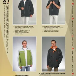 Katalog odzieży promocyjnej: bluza polarowa z kapturem, bezrękawnik polarowy, kurtka wiatrówka i kurtka z odpinanym polarem, prezentowane na modelach.