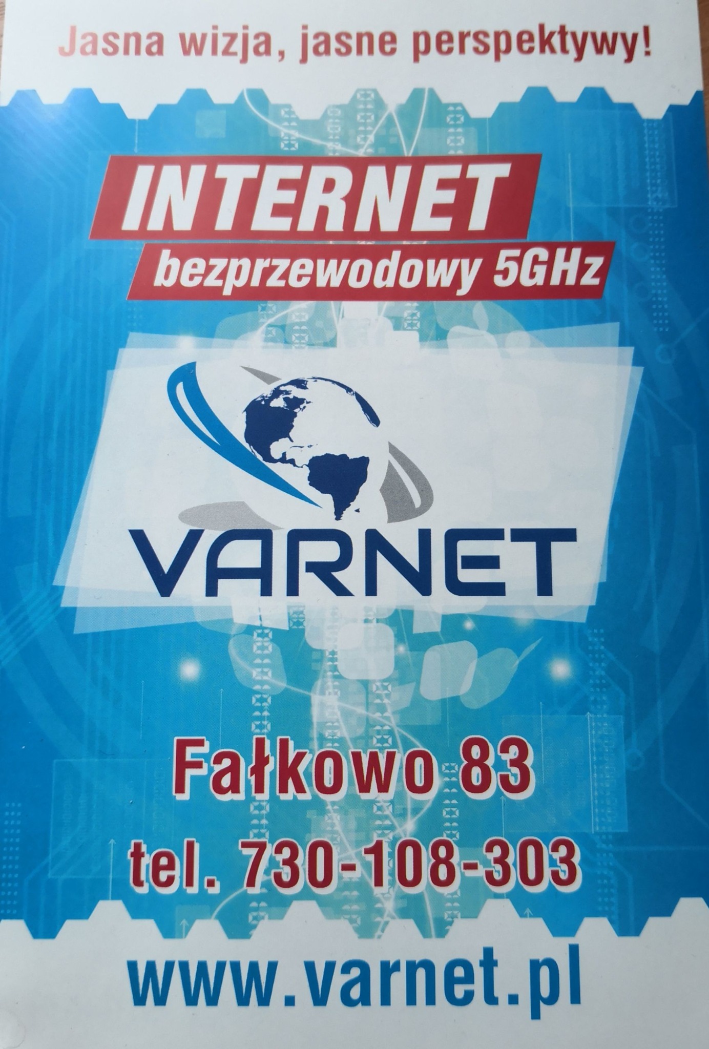 Ulotka reklamowa firmy Varnet oferującej bezprzewodowy dostęp do sieci 5GHz, z logo firmy, adresem Fałkowo 83 i numerem telefonu 730-108-303 oraz adresem strony internetowej www.varnet.pl.