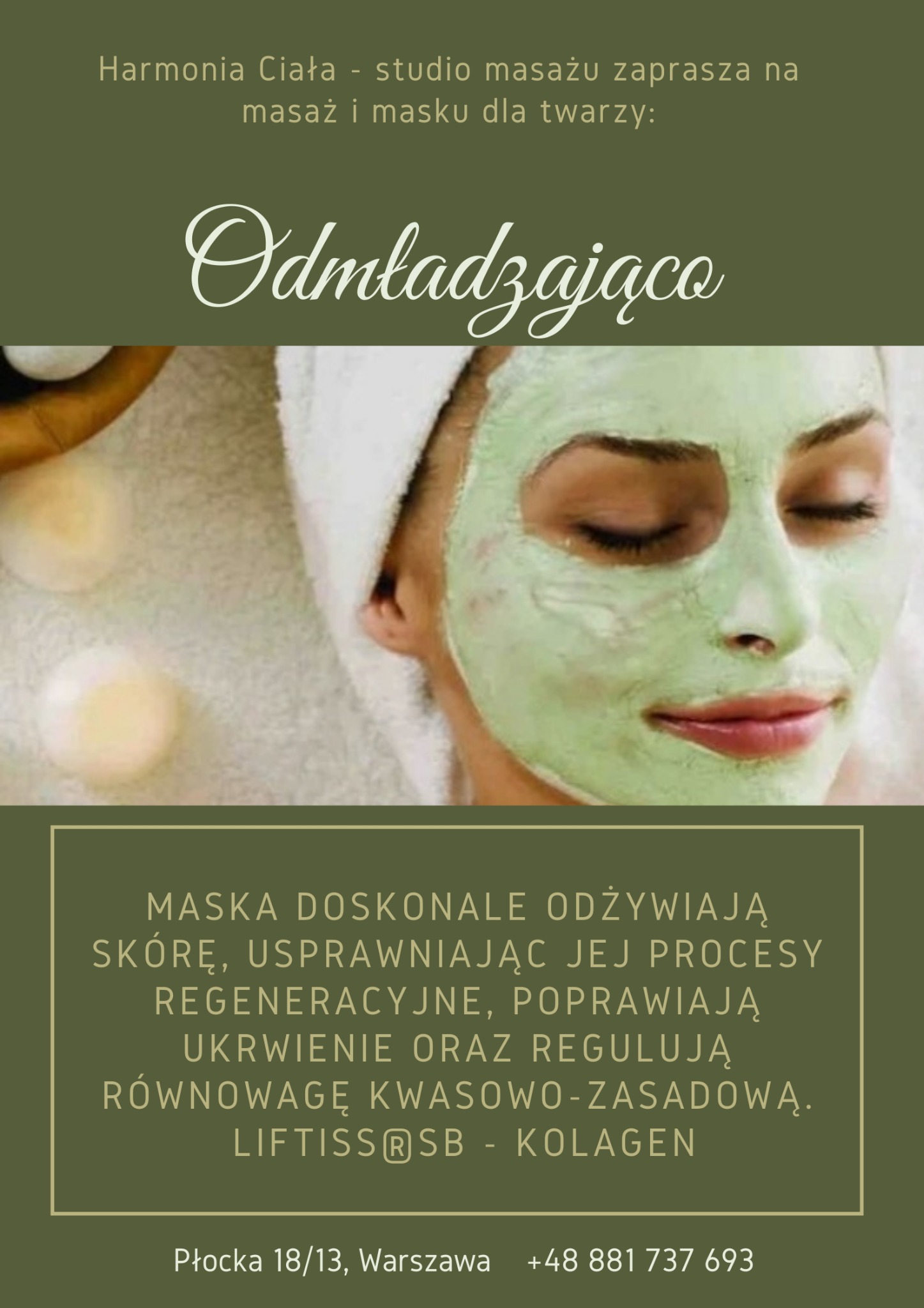 Grafika reklamowa studia masażu 'Harmonia Ciała' z Warszawy, prezentująca kobietę z nałożoną zieloną maską na twarzy i ręcznikiem na głowie, promująca zabiegi odmładzające i odżywcze maski na twarz.