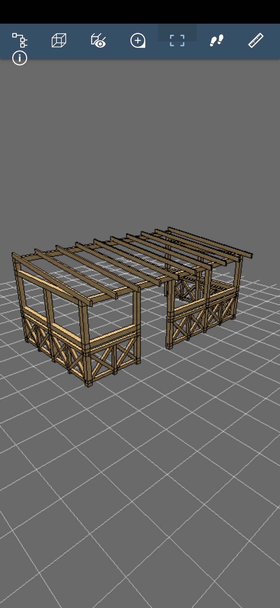 Wizualizacja 3D drewnianej konstrukcji dachu z elementami obróbki blacharskiej na szarym tle z siatką, widok z góry.