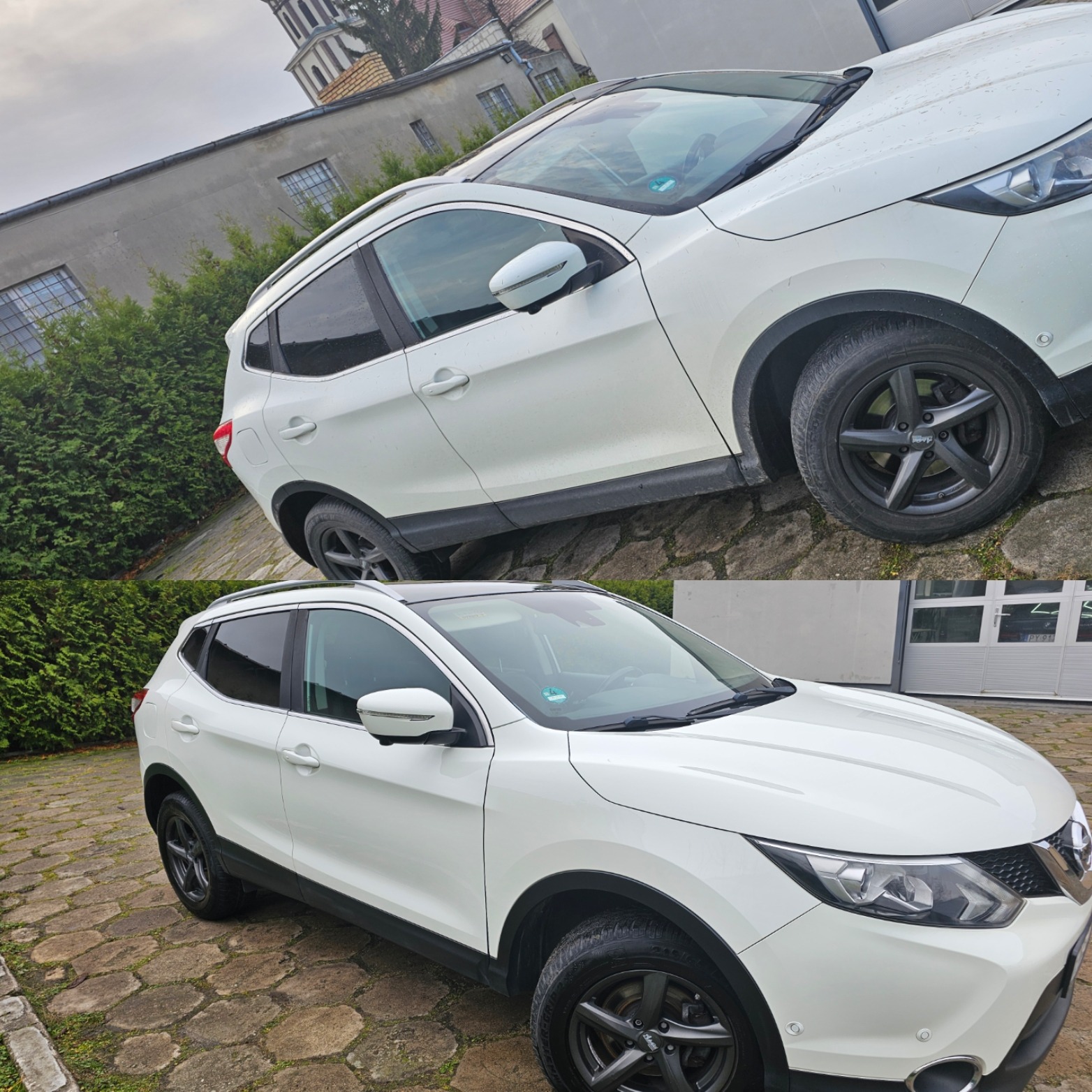 Dwa ujęcia białego SUV-a Nissan Qashqai na brukowanym podłożu. Górne ujęcie pod kątem, dolne bardziej frontalne. Widoczne ciemne felgi i przyciemnione szyby.