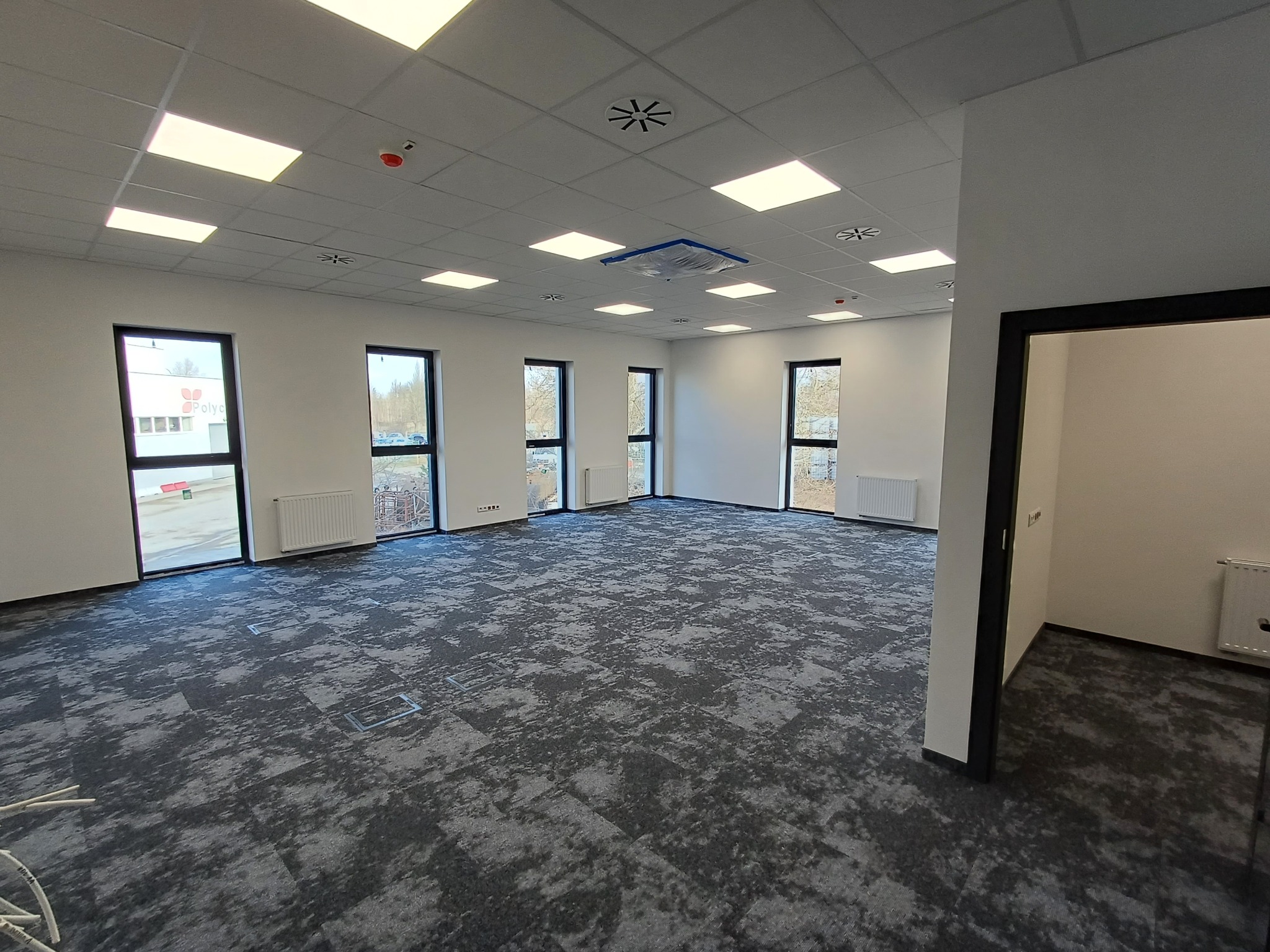 Wykończone, przestronne biuro z szarą wykładziną dywanową w kwadraty. Widoczne okna, grzejniki i oświetlenie sufitowe. Drzwi po prawej stronie kadru.