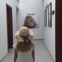 Dziewczynka w kapeluszu i białej sukience stoi w korytarzu kliniki, na ścianie wisi portret uśmiechniętej kobiety z idealnym zgryzem.