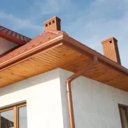 Nowoczesny dom jednorodzinny z brązowymi rynnami, drewnianą podbitką i ceglanym kominem na tle błękitnego nieba.