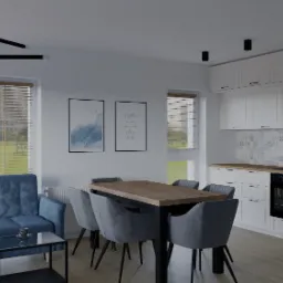 Wizualizacja przestronnego salonu z aneksem kuchennym: niebieski narożnik, szary stół z krzesłami, biała zabudowa kuchenna z wzorzystą mozaiką nad blatem, nowoczesna lampa sufitowa, widok z okna...