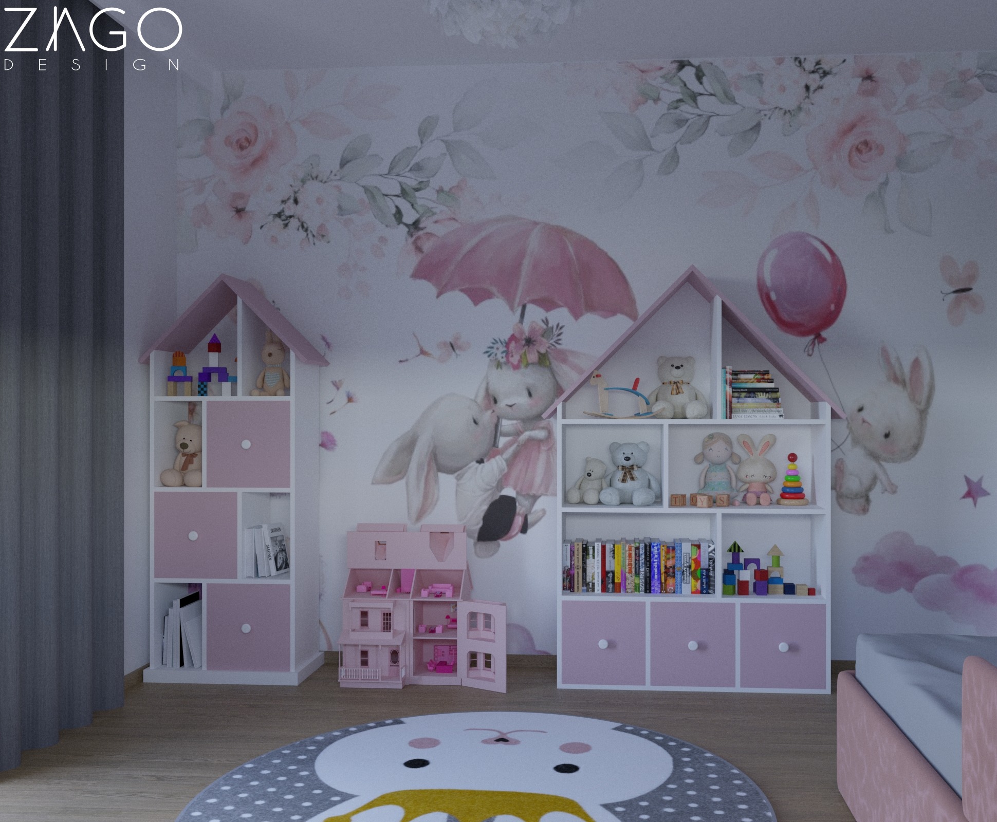 Pokój dziecięcy z białymi regałami w kształcie domków z różowymi akcentami, tapeta w kwiaty i króliki, okrągły dywan z motywem królika.