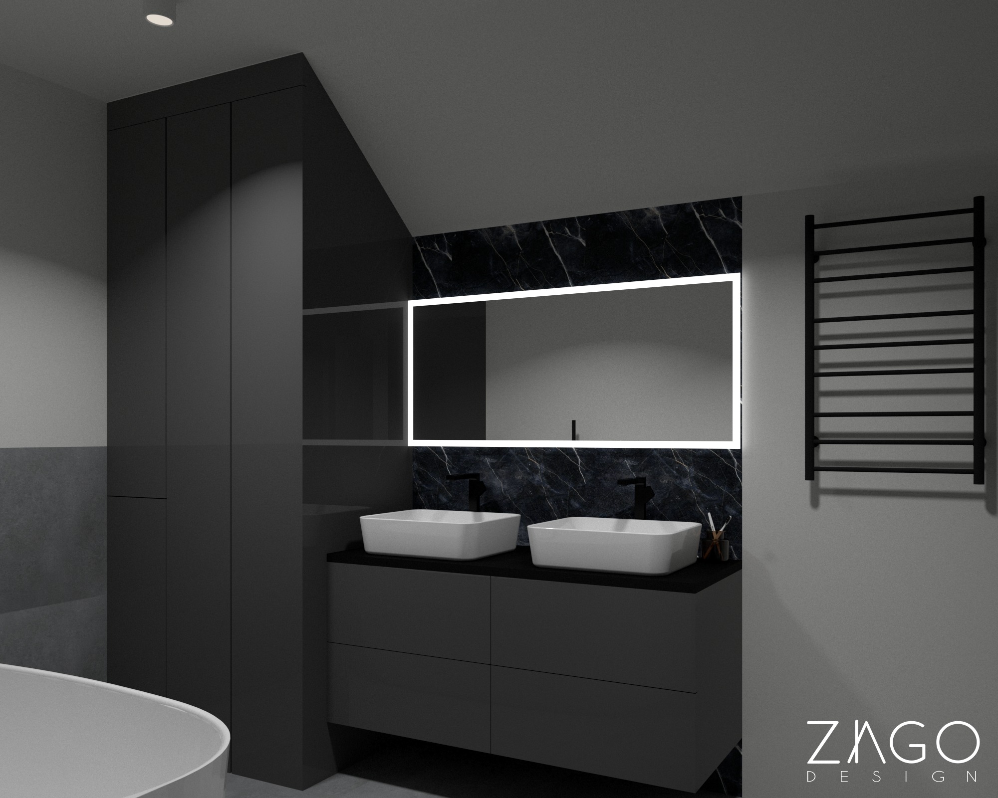 Wizualizacja łazienki w odcieniach szarości z czarnym marmurem, podwójna umywalka nablatowa, podświetlane lustro i grzejnik drabinkowy, widoczny fragment wanny i logo ZAGO DESIGN.