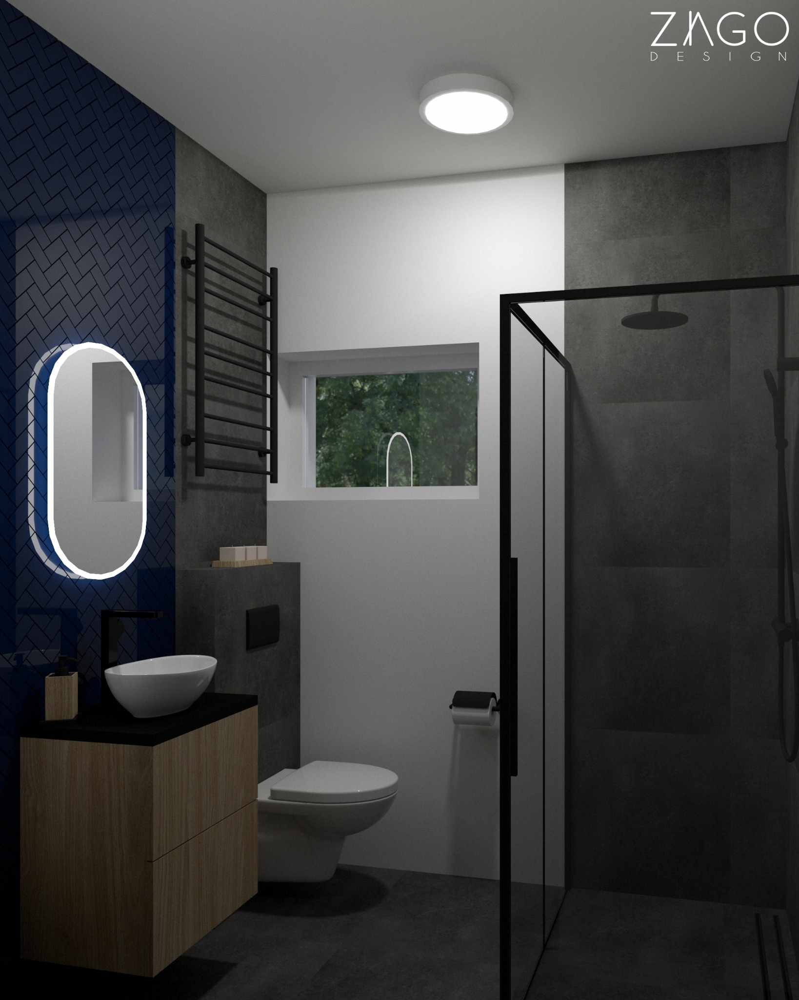 Wizualizacja nowoczesnej łazienki z niebieską ścianą z płytek ułożonych w jodełkę, podświetlanym lustrem owalnym, drewnianą szafką pod umywalką, grzejnikiem drabinkowym i kabiną prysznicową...