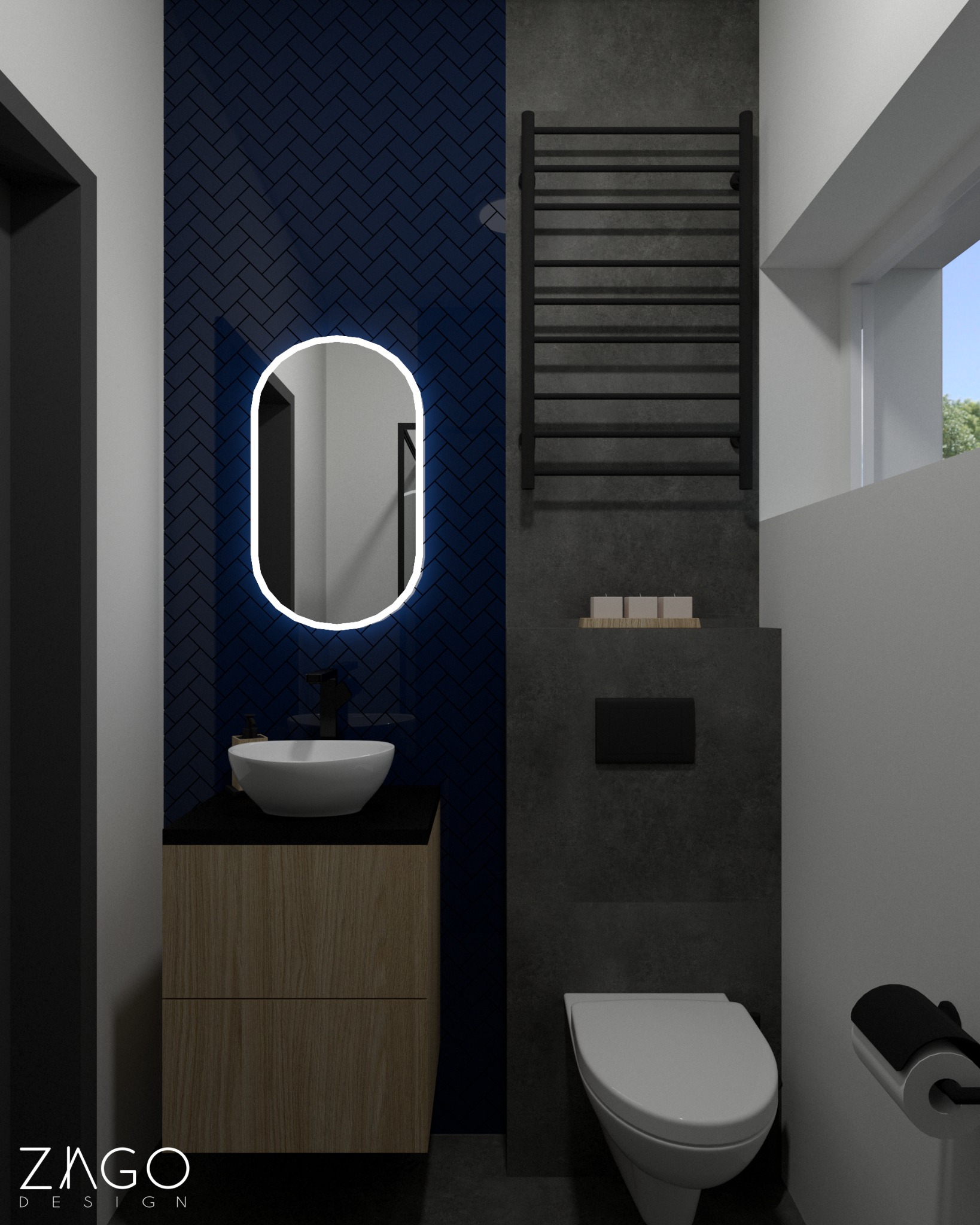 Wizualizacja małej łazienki z umywalką nablatową, podświetlanym lustrem, grzejnikiem drabinkowym i toaletą w odcieniach granatu i szarości.
