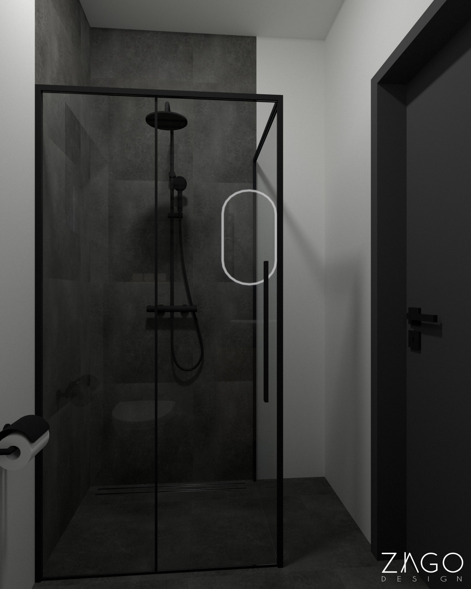 Wizualizacja nowoczesnej łazienki w Lublinie z kabiną prysznicową typu walk-in z czarnymi profilami i deszczownicą, szara glazura na ścianach, minimalistyczny design.