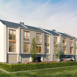 Wizualizacja szeregu nowoczesnych domów z garażami, w tle krajobraz z zielonymi wzgórzami i kluczem ptaków na niebie, dzieci bawiące się na podjeździe, samochód zaparkowany przed jednym z domów.