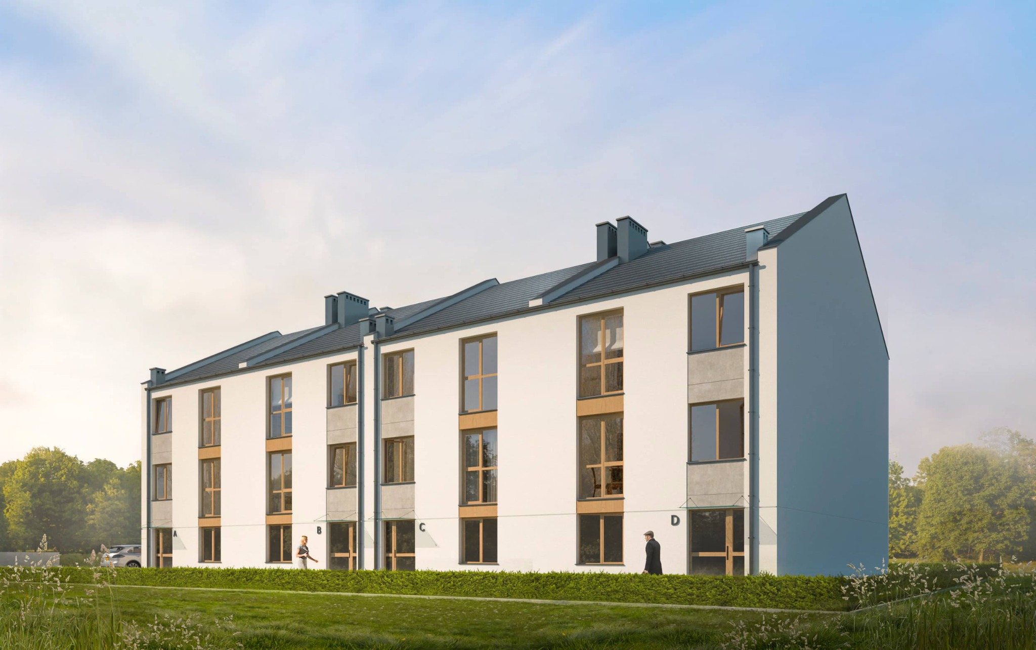 Wizualizacja szeregu dwukondygnacyjnych budynków mieszkalnych z białymi elewacjami i szarymi elementami dekoracyjnymi, okna z drewnianymi ramami, ciemnoszary dach, zielony trawnik z wysoką trawą...