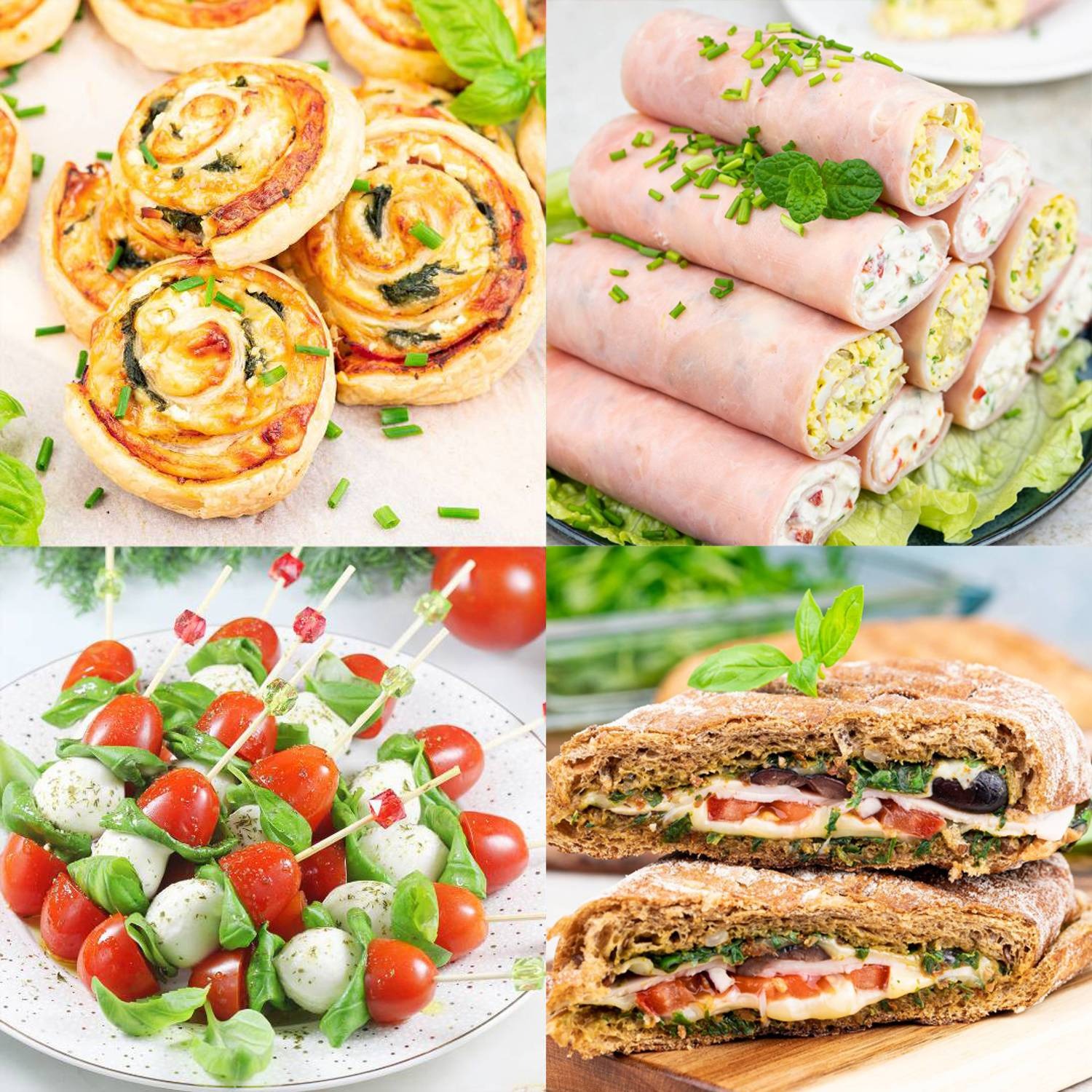 Kompozycja z czterech kadrów: roladki z ciasta francuskiego, roladki z szynki, koreczki caprese i przekrojona kanapka ciabatta z warzywami i serem.