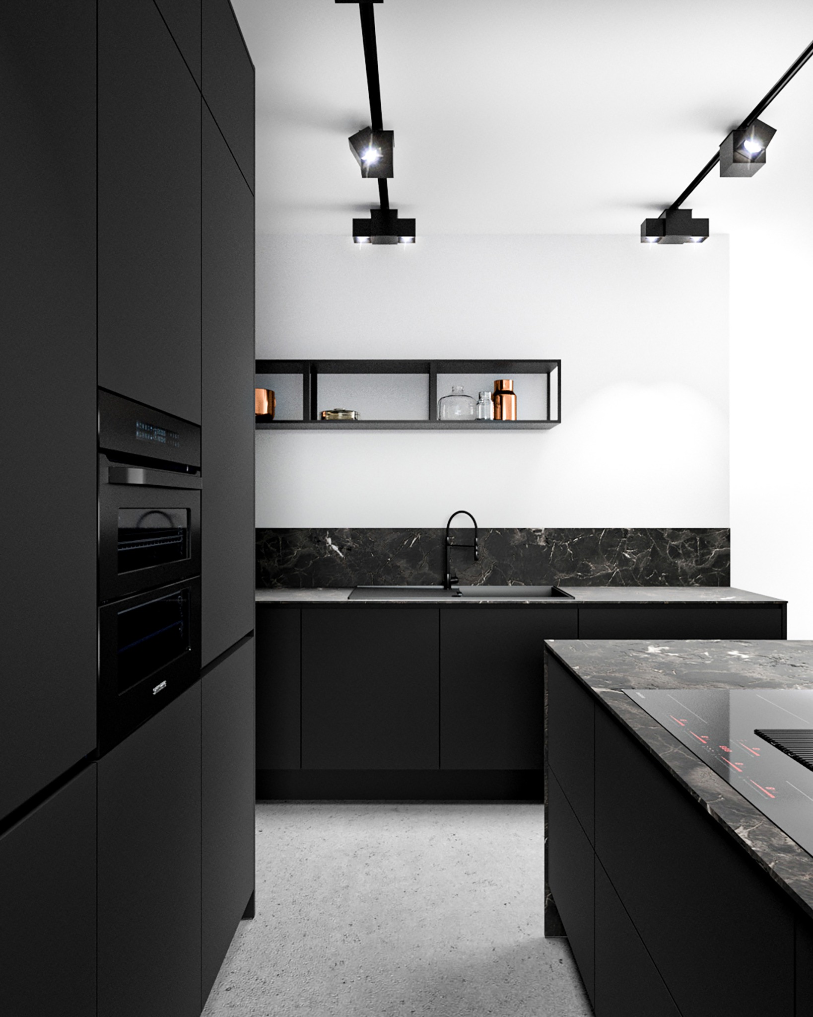 Nowoczesna, minimalistyczna kuchnia w czarnych matowych odcieniach z marmurowym blatem i oświetleniem punktowym na szynoprzewodzie.