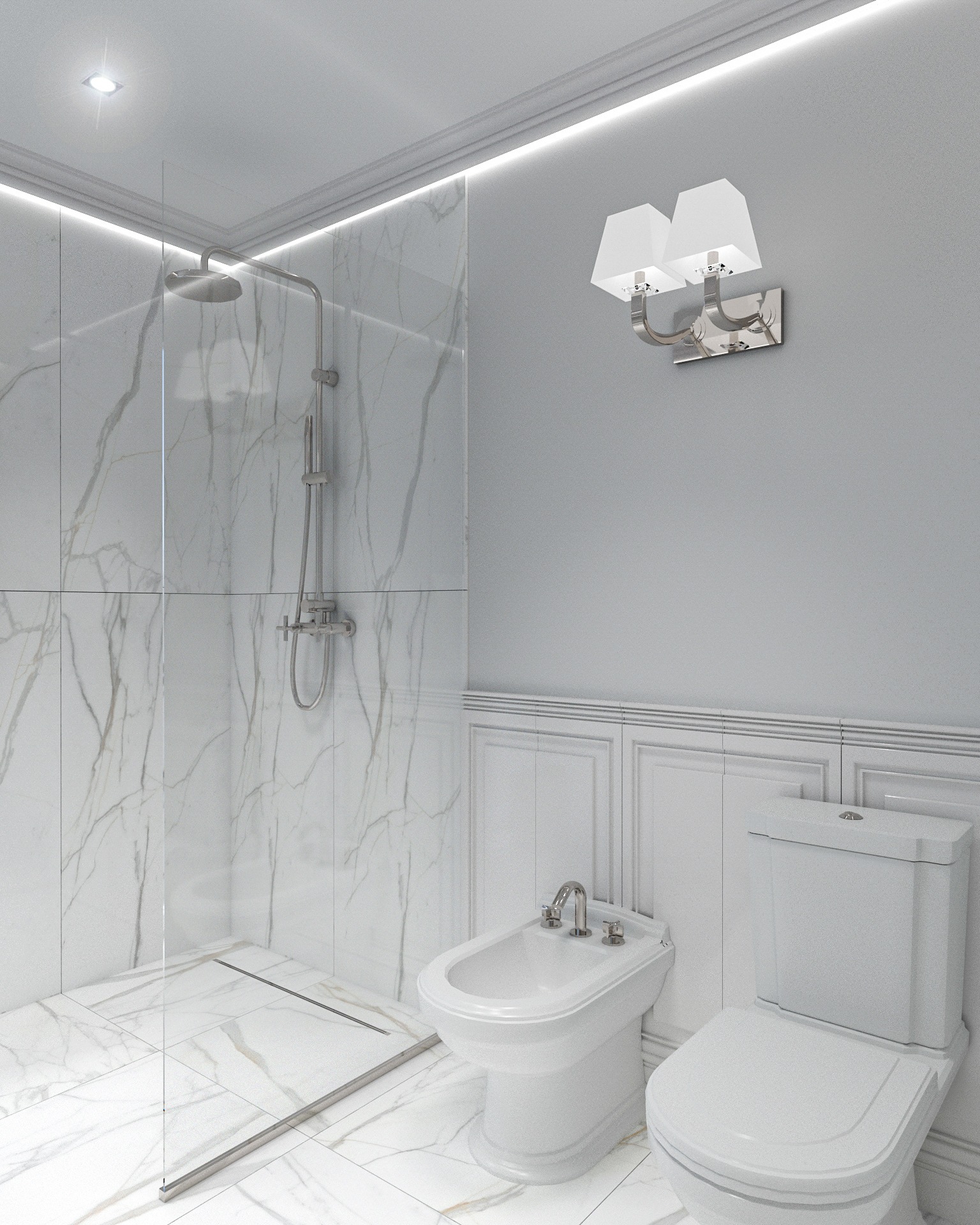 Nowoczesna łazienka z kabiną prysznicową typu walk-in wyłożoną białym marmurem z szarymi żyłami, białą armaturą (bidet i toaleta) oraz dwuramiennym kinkietem z białymi abażurami.