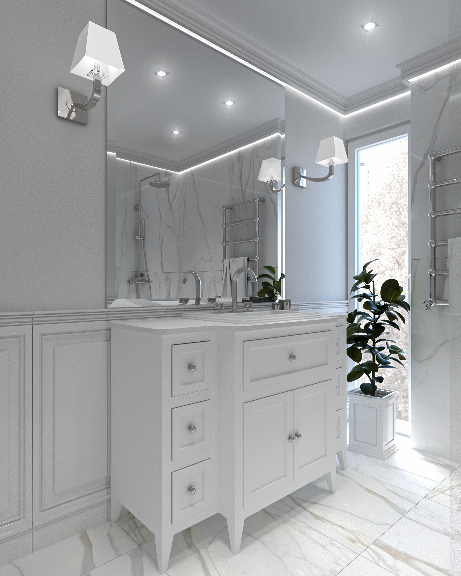 Elegancka, jasna łazienka z białymi meblami, marmurowymi płytkami i dużym lustrem, oświetlona kinkietami i światłem z okna, z rośliną doniczkową przy oknie.