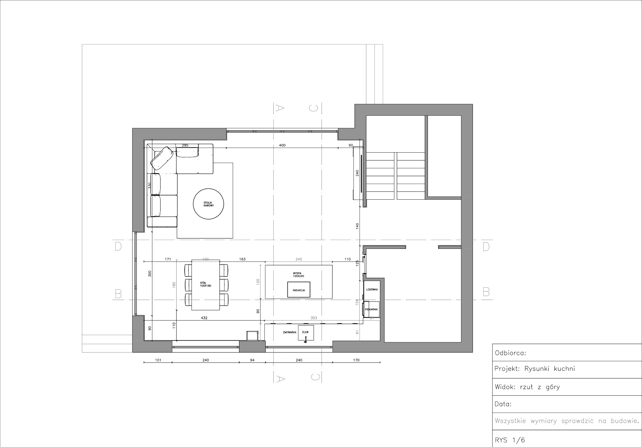 Rzut z góry na plan mieszkania z uwzględnionym układem mebli w salonie, jadalni i kuchni, z naniesionymi wymiarami i opisami sprzętów.